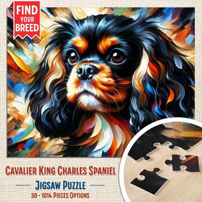 Cavalier King Charles Spaniel Hund Akryltryck Pussel (Black & Tan Cavalier Jigsaw Puzzle. Artistic acrylic style. Available in 30-1014 pieces.)