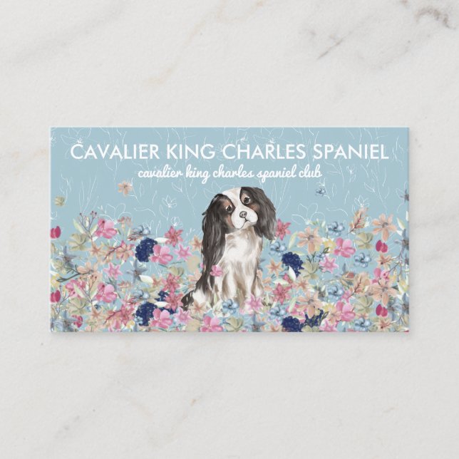 Cavalier King Charles Spaniel Hund Blommönster Visitkort (Framsida)
