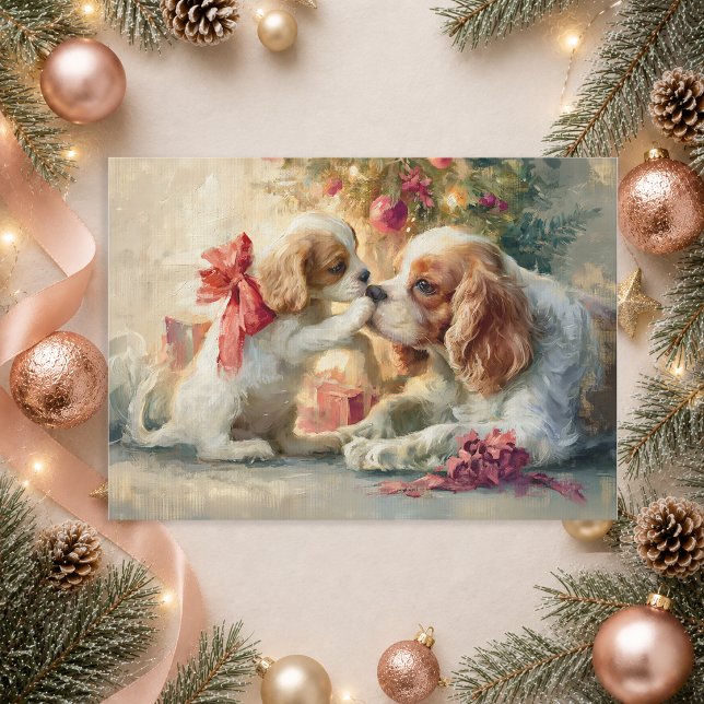 Cavalier King Charles Spaniel Hundar Jul  Julkort (Christmas greeting-Cavalier King Charles Spaniel and puppies)