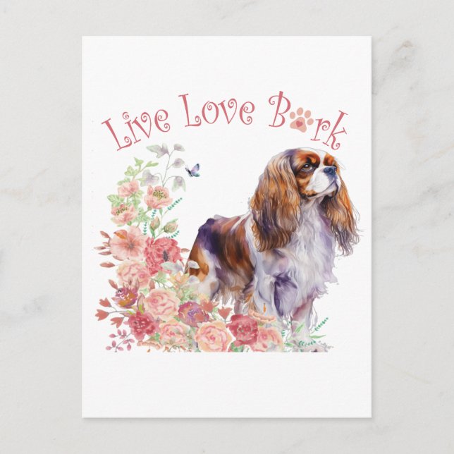 Cavalier King Charles Spaniel Hundmamma Blommig Vykort (Framsida)