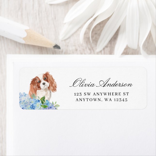 Cavalier King Charles Spaniel Hydrangea Adress Returadress Etikett (Insitu)