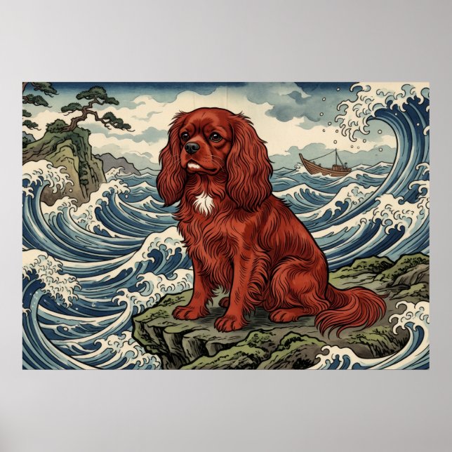 Cavalier King Charles Spaniel Japansk Våg Poster (Framsidan)