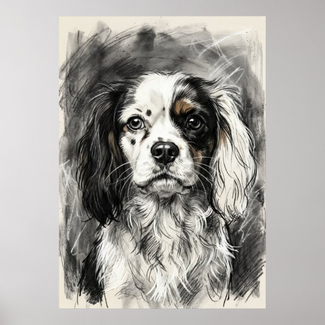 Cavalier King Charles Spaniel Kolteckning Porträtt Poster (Framsidan)