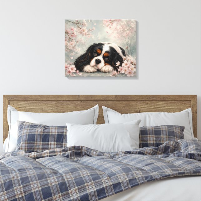 Cavalier King Charles Spaniel Körsbärsblom Konst | Canvastryck (Insitu (sovrum))