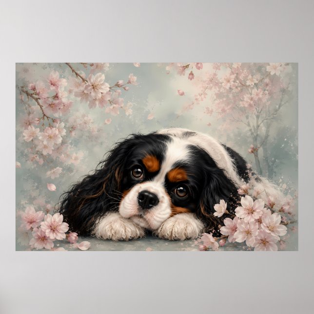 Cavalier King Charles Spaniel Körsbärsblom Konst | Poster (Framsidan)