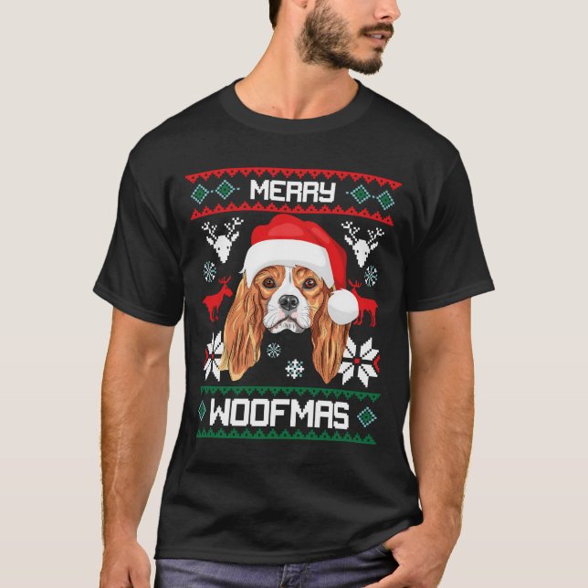 Cavalier King Charles Spaniel Merry Woofmas T Shirt (Framsida)