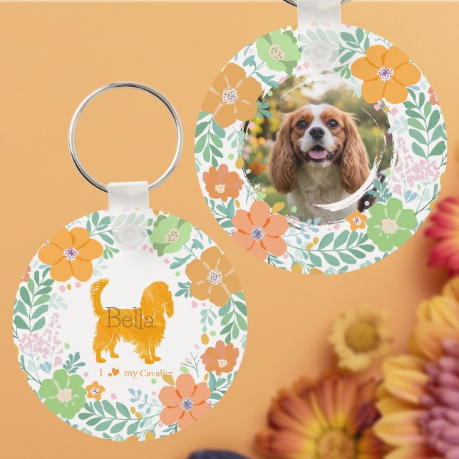 Cavalier King Charles Spaniel Pastell Orange Blomm Nyckelring (Skapare uppladdad)