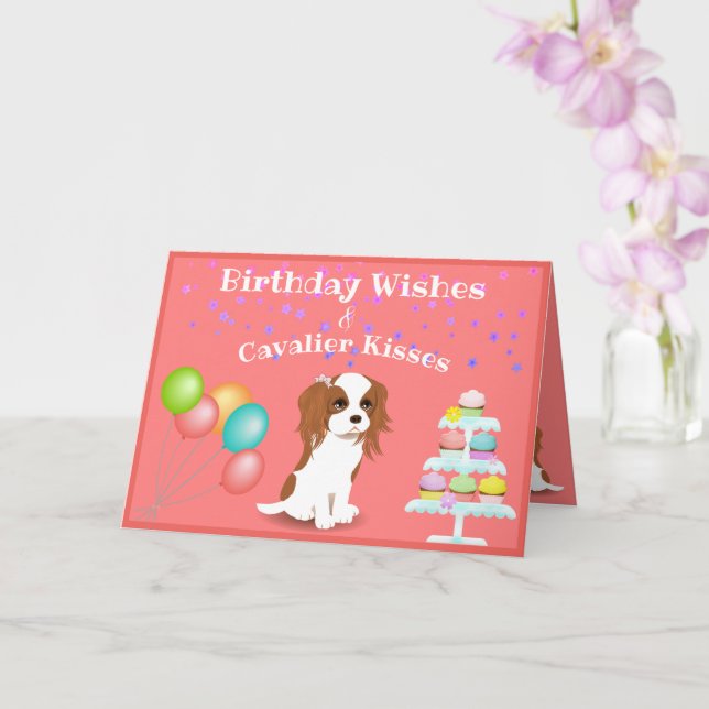 Cavalier King Charles Spaniel Pink Happy Birthday Kort (Orkide)