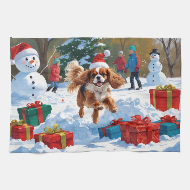 Cavalier King Charles Spaniel Snö med jul  Kökshandduk (Horisontell)
