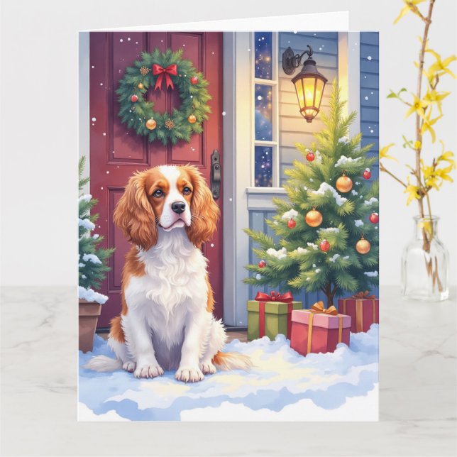 Cavalier King Charles Spaniel Snowy Christmas Kort (Gul blomma)