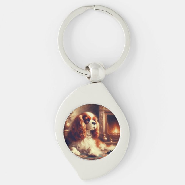 Cavalier King Charles Spaniel Swirl Silverfärgad Nyckelring (Framsidan)