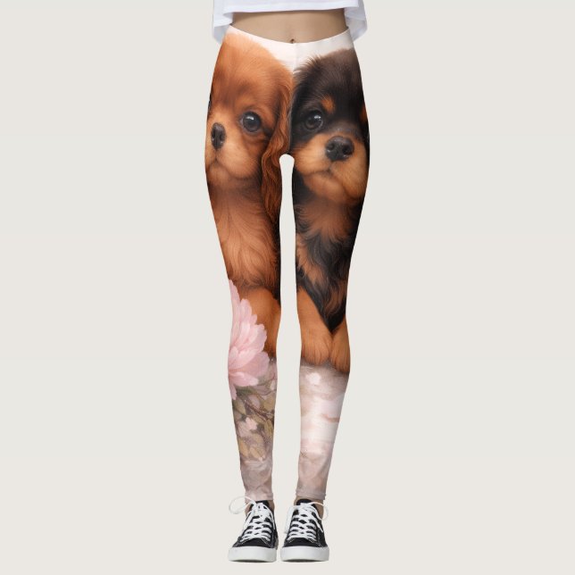 Cavalier king charles spaniel-valpar i vårblomning leggings (Framsida)
