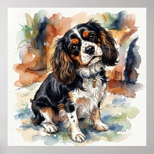 Cavalier King Charles Spaniel Vattenfärgporträtt Poster (Framsidan)