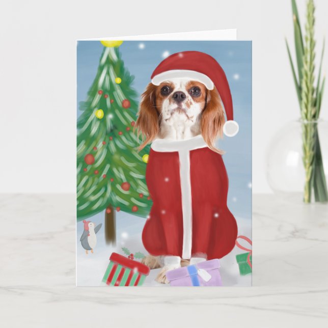 Cavalier King Hund i snö med julklappar  Kort (Framsida)