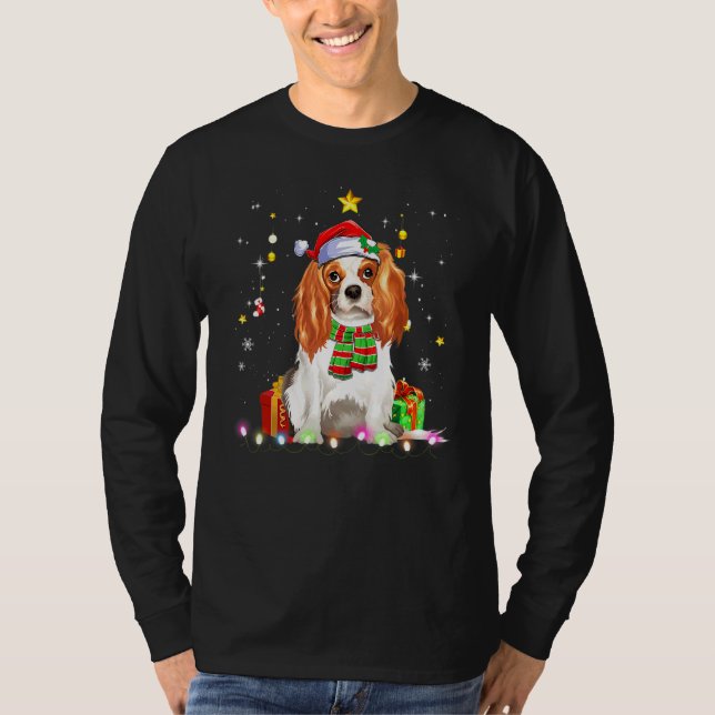 Cavalier King Hund Santa Julgran Ljus Xmas T Shirt (Framsida)