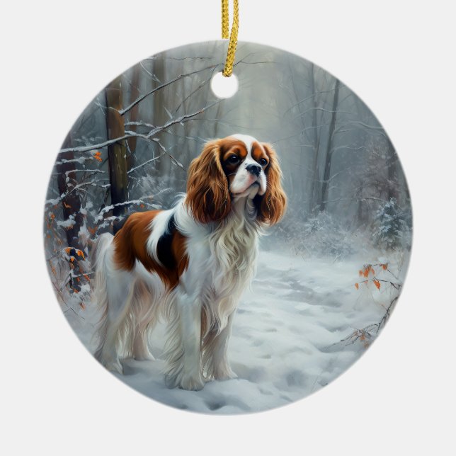 Cavalier King Låt Det Snöa Jul Borstad Julgransprydnad Keramik (Framsidan)