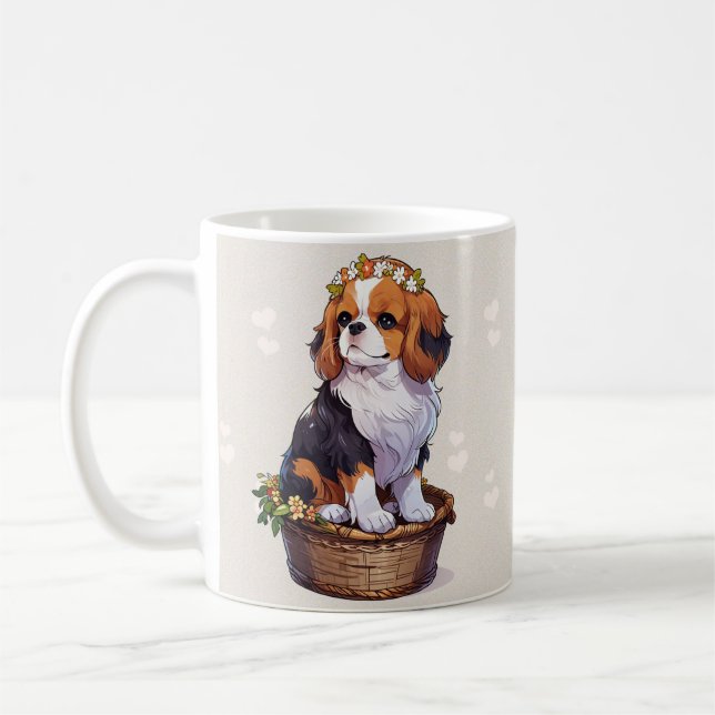 Cavalier Kung Charles basket med blomman krona Kaffemugg (Vänster)