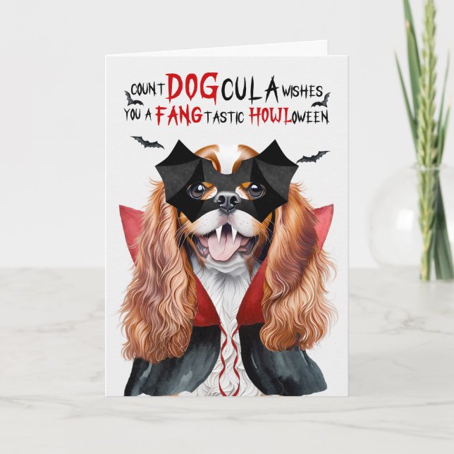 Cavalier Kung Charles Hund Count DOGcula Halloween Helgkort (Framsida)