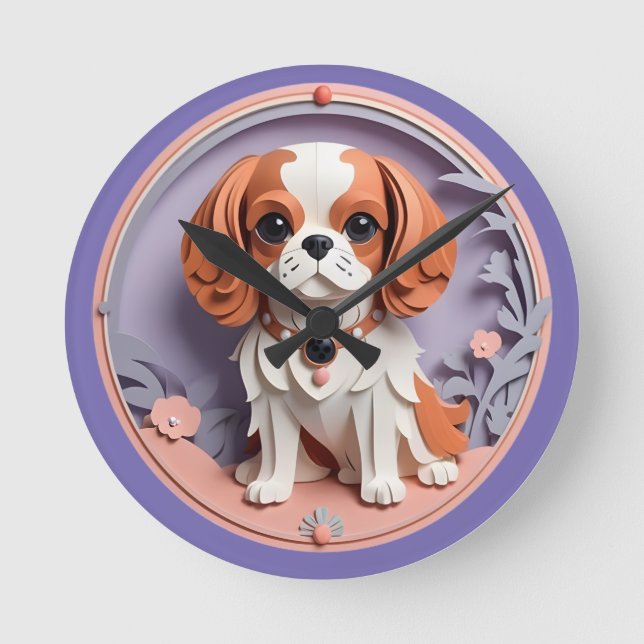 Cavalier Kung Charles Lila Pastel Papper Cining Rund Klocka (Framsida)