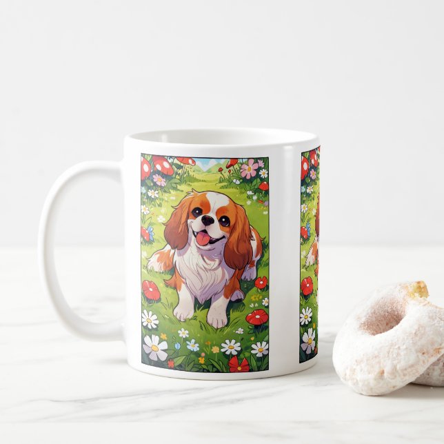 Cavalier Kung Charles Pastel blommor fält Kaffemugg (Med munk)