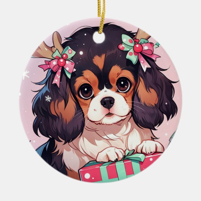 Cavalier Kung Charles Pastel Julklapp Julgransprydnad Keramik (Framsidan)
