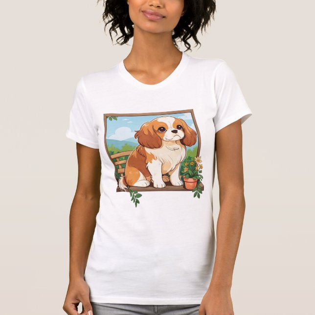 Cavalier Kung Charles Pastel med blommor T Shirt (Framsida)