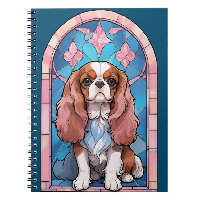 Cavalier Kung Charles Pastel Rosa Stached Glass Anteckningsbok (Framsidan)