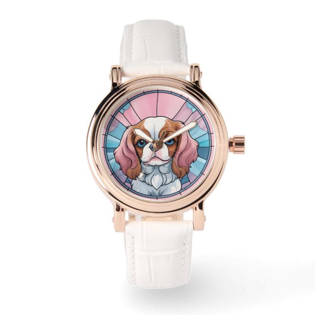 Cavalier Kung Charles Pastel Rosa Stached Glass Armbandsur (Framsida)