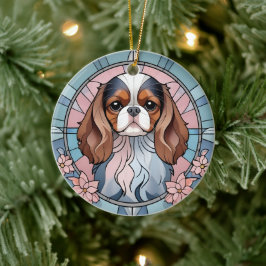 Cavalier Kung Charles Pastel Rosa Stached Glass Julgransprydnad Keramik