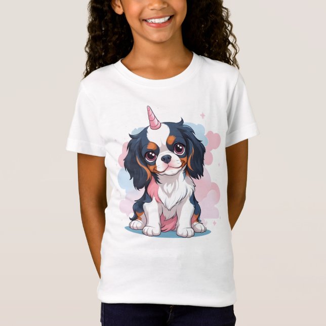 Cavalier Kung Charles Pastel Unicorn T Shirt (Framsida)