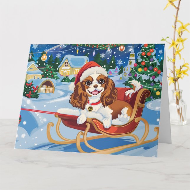 Cavalier Kung Charles Sleigh Snö jul Kort (Gul blomma)