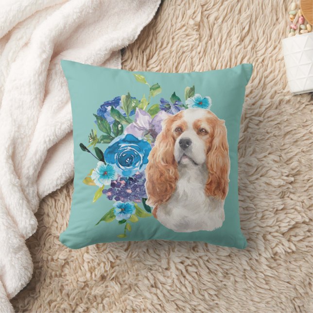 Cavalier Kung Charles Spain Hund Blue Blommigt Kudde (Filt)