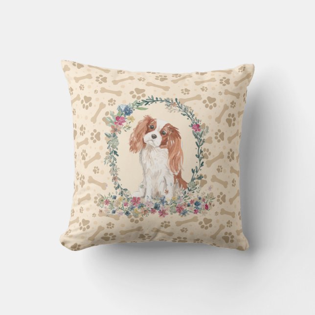 Cavalier Kung Charles Spain Hund Paw Print Blommig Kudde (Framsida)