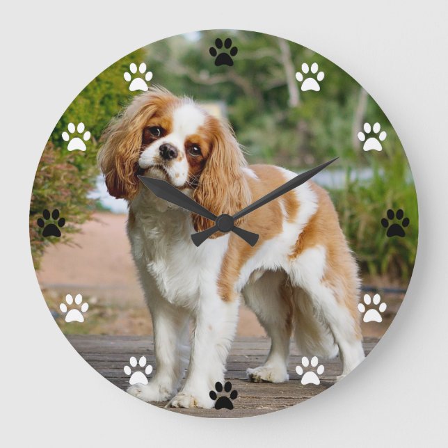 Cavalier Kung Charles Spain Hund - Paw Print Time Stor Klocka (Framsida)