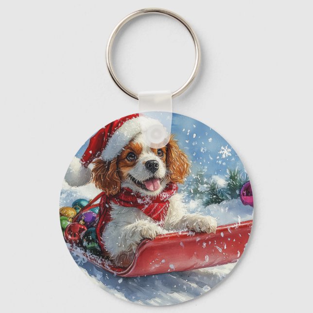 Cavalier Kung Charles Spain Hund Sledge jul Nyckelring (Framsida)