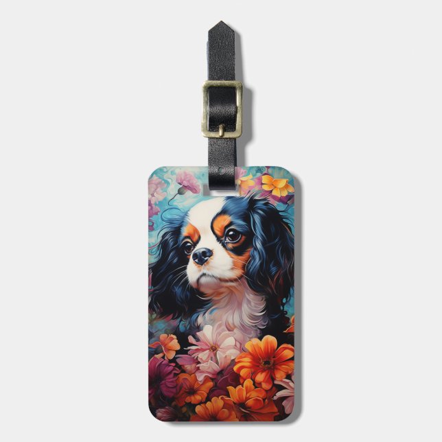 Cavalier Kung Charles Spain i blommor Bagagebricka (Vertikal Framsida)
