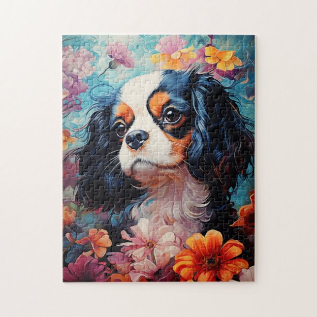 Cavalier Kung Charles Spain i blommor Pussel (Vertikal)