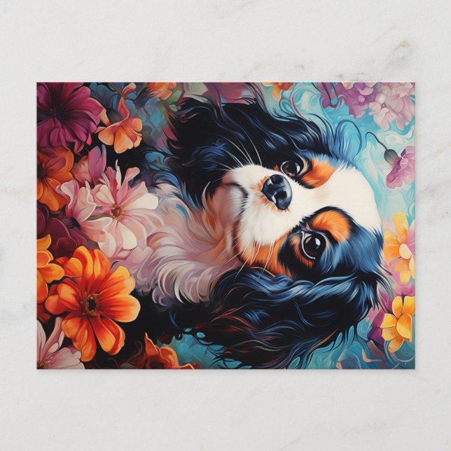 Cavalier Kung Charles Spain i blommor Vykort (Framsida)