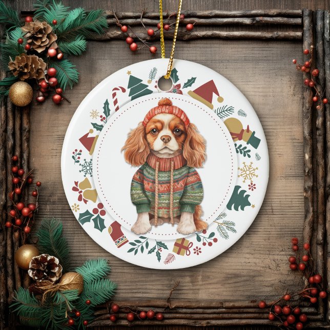 Cavalier Kung Charles Spain i Winter Sweater Julgransprydnad Keramik (Skapare uppladdad)