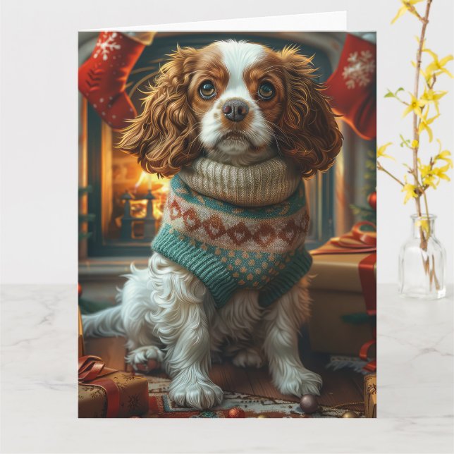 Cavalier Kung Charles Spain med julklappar Kort (Gul blomma)