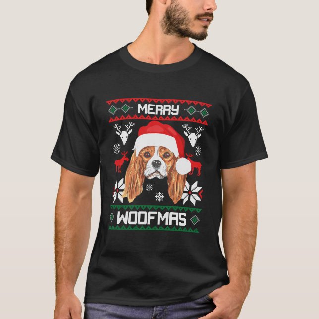 Cavalier Kung Charles Spain Merry Woofmas Julafton T Shirt (Framsida)