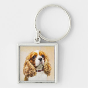 Cavalier Kung Charles Spain Original Painting Fyrkantig Silverfärgad Nyckelring