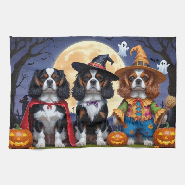 Cavalier Kung Charles Spain Pumpkin Halloween Kökshandduk (Horisontell)
