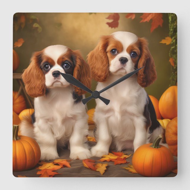 Cavalier Kung Charles Spain Puppy Autumn Pumpkin Fyrkantig Klocka (Framsida)