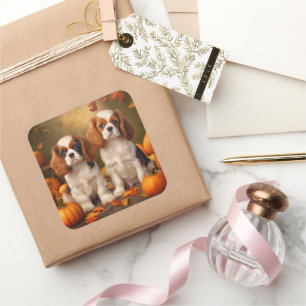 Cavalier Kung Charles Spain Puppy Autumn Pumpkin Fyrkantigt Klistermärke