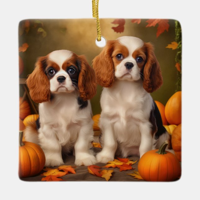 Cavalier Kung Charles Spain Puppy Autumn Pumpkin Julgransprydnad Keramik (Framsida)