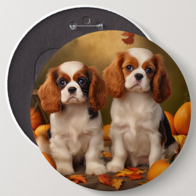Cavalier Kung Charles Spain Puppy Autumn Pumpkin Knapp (Framsida & baksida)