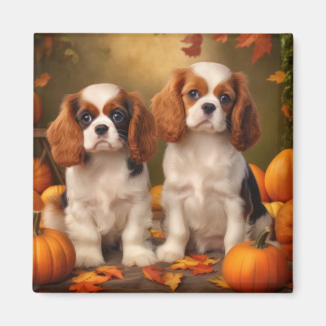 Cavalier Kung Charles Spain Puppy Autumn Pumpkin Magnet (Framsidan)