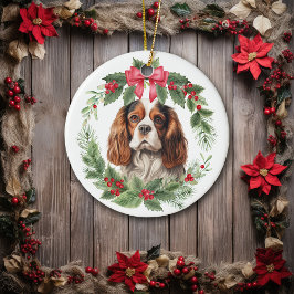 Cavalier Kung Charles Spain Red Bow Holly Wandeans Julgransprydnad Keramik