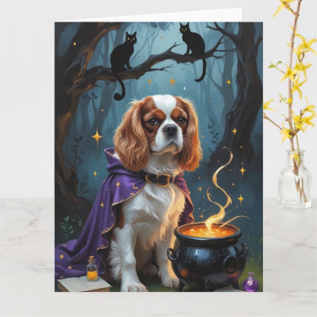 Cavalier Kung Charles Spain Whimsical Halloween Kort (Gul blomma)